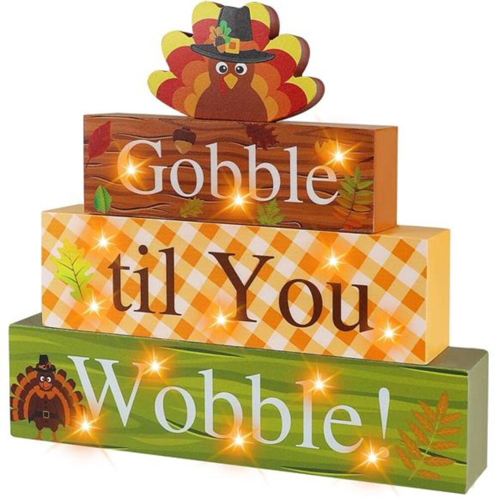 New Thanksgiving Wooden Block Sign with Led Lights- Gobble til You Wobble Turkey